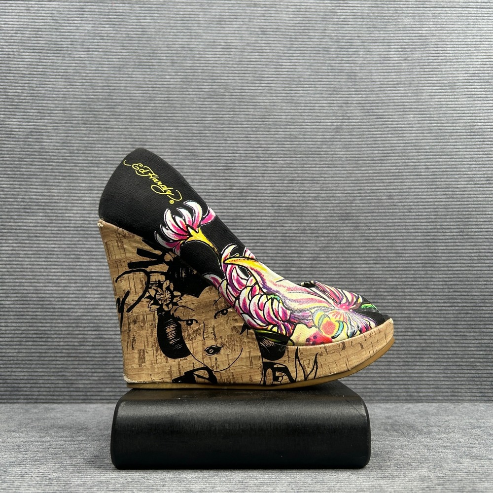 Ed Hardy Geisha Floral Cork Wedge Peep Toe Platform Black Canvas Size 6 Y2K